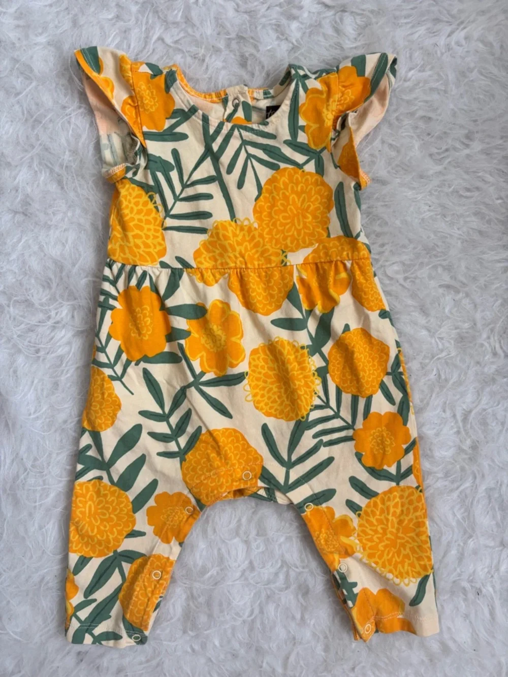 Tea Collection Baby Girl Romper with Mod Yellow Floral & Green Leaves AOP